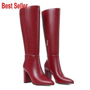 Knee High Boots with Chunky Heel, Pointed Toe, and Side Zipper